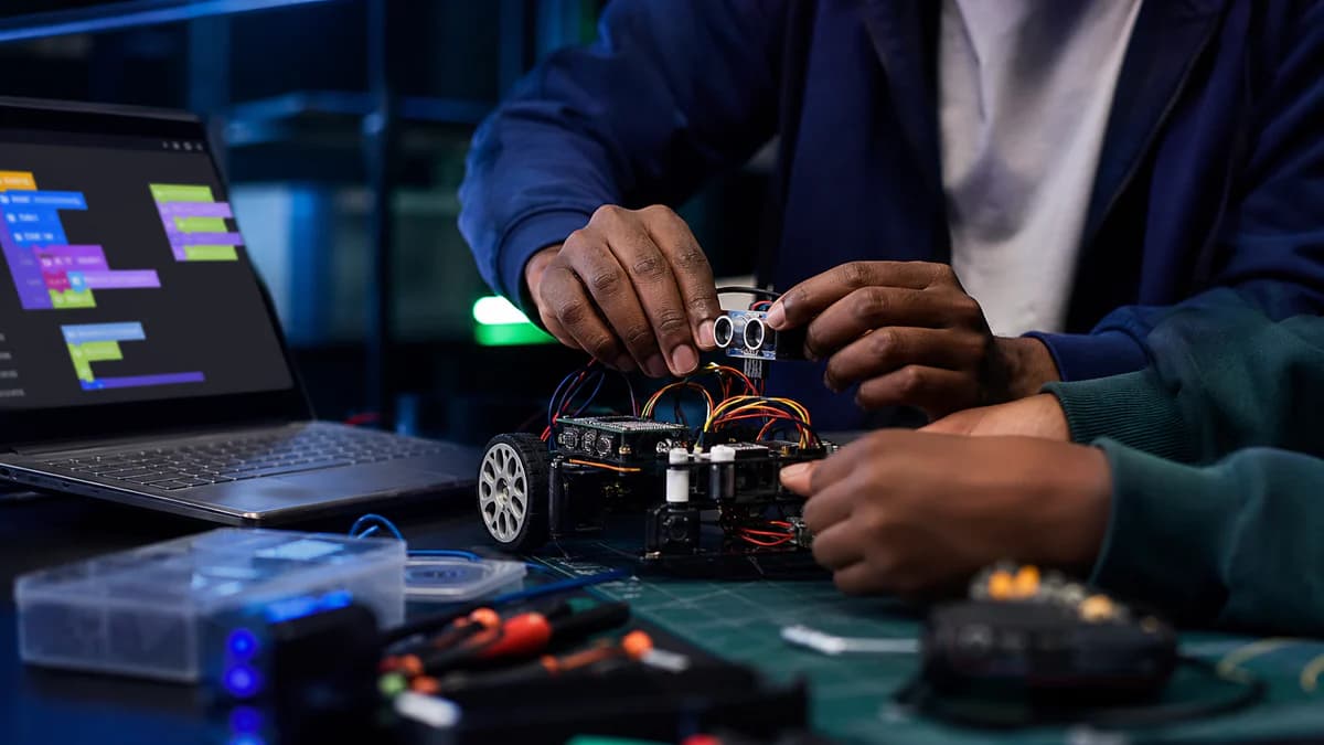 Learners collaborating on an educational robot
