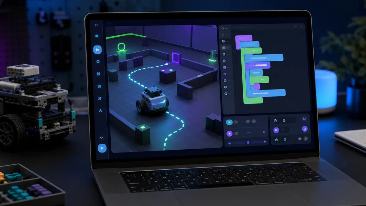 A robotics simulation environment with code and a virtual robot