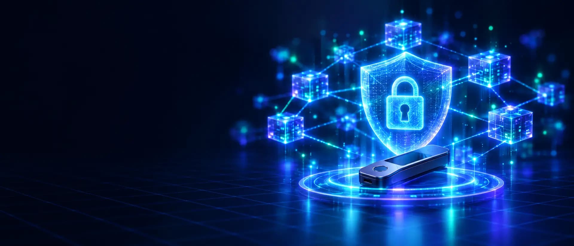 A shield and padlock protecting a network of linked blocks, with a hardware wallet in front