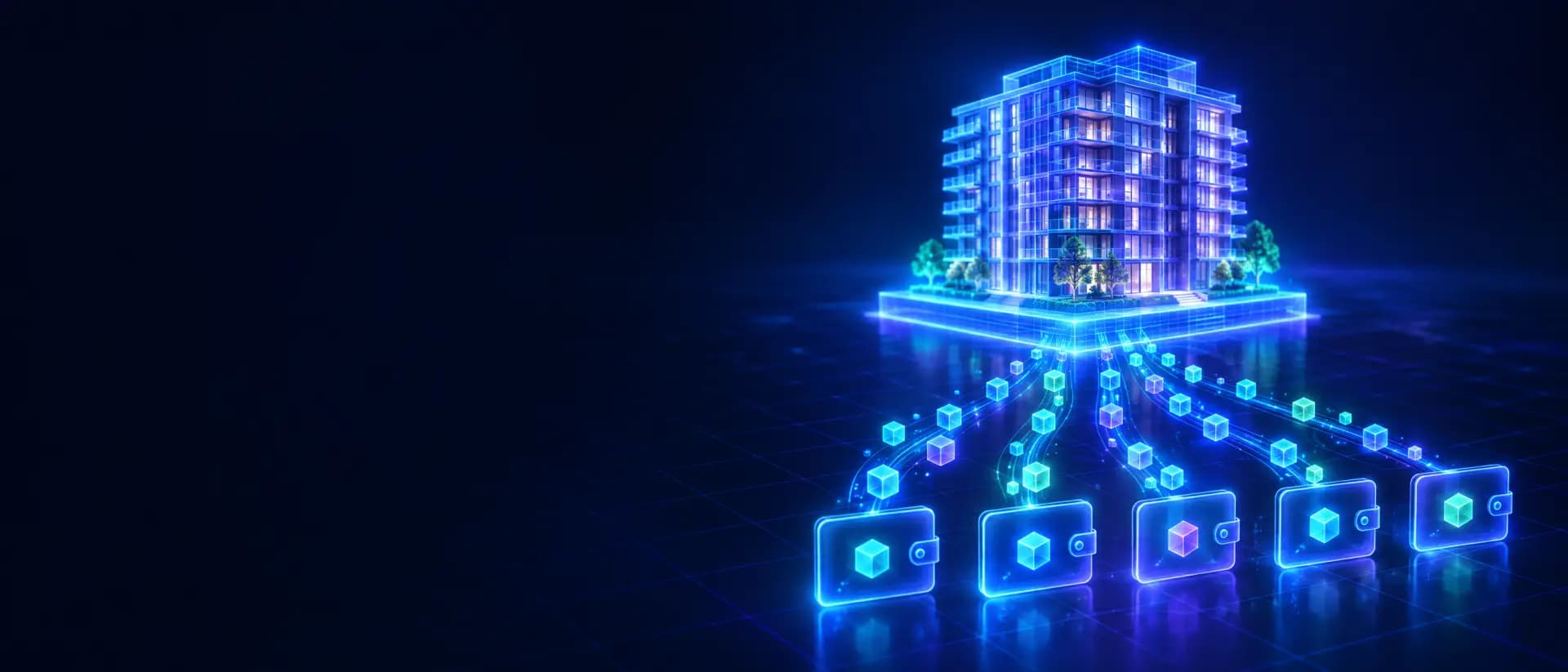 A building divided into digital tokens that flow into many separate wallets